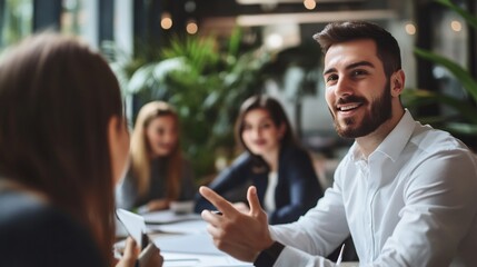 Fototapeta premium Business professional speaking about workplace productivity collaborating a group on a project