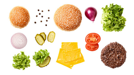 cheeseburger components arrangement isolated on a white background