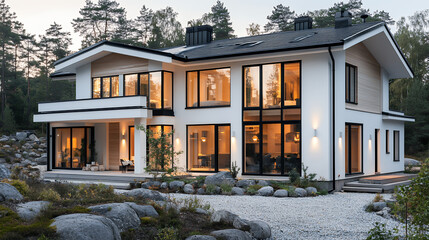 Scandinavian style, house with nature, Realistic photo, modern, architecture, Scandinavian, residential, exterior, garden, nature, wood, harmony, calm, mode, refined, simple, minimalist,detached house