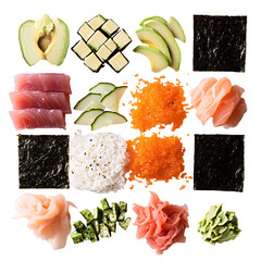 raw sushi components flat lay isolated on a white background