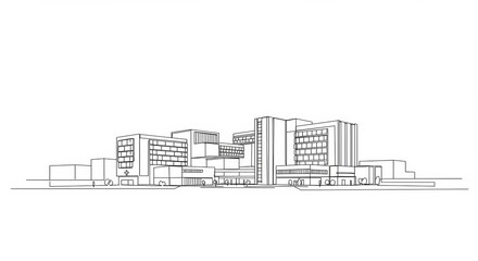 Obraz premium Sleek hospital complex, minimalist line drawing with linear design, clean aesthetic