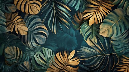 A vibrant display of tropical leaves in shades of green and gold against a dark teal backdrop