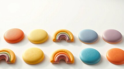 Colorful Rainbow Cookies with Frosting, Sweet Dessert Treats on White Background

