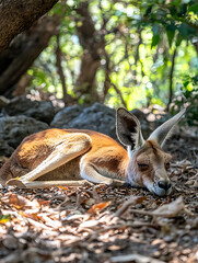 A red kangaroo sleeps peacefully on a bed of leaves under dappled sunlight filtering through the trees in a forest.