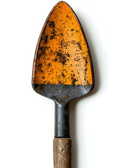 Close-up of a small well-used gardening trowel with an orange head showing signs of wear and dirt against a white background.