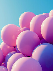 A cluster of pastel pink balloons fills the frame against a bright clear light-blue sky.