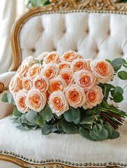 A stunning peach rose bouquet rests on a vintage ornate white chair illuminated by soft natural light.