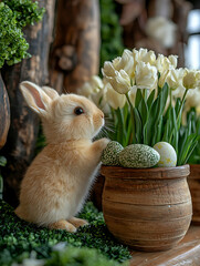 A cute bunny peers into a pot filled with speckled eggs and white tulips surrounded by greenery.