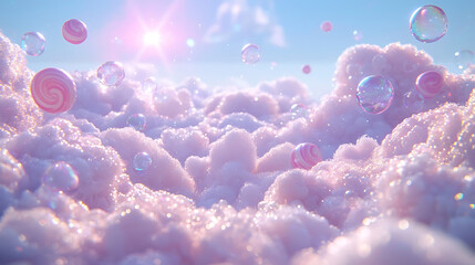 Pink fluffy clouds with floating candies and bubbles under a bright sunlit sky create a whimsical dreamy scene.