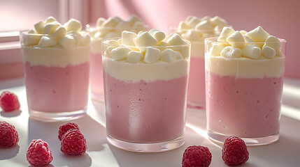 Pink layered dessert cups topped with cream and marshmallows scattered with fresh raspberries.