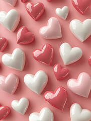 An arrangement of smooth glossy hearts in shades of pink and white scattered across a soft pink background.