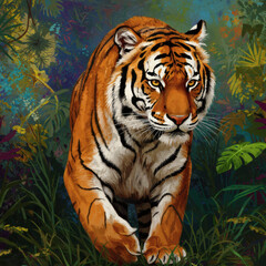 Obraz premium Majestic Tiger in Lush Tropical Jungle A Stunning Wildlife Illustration