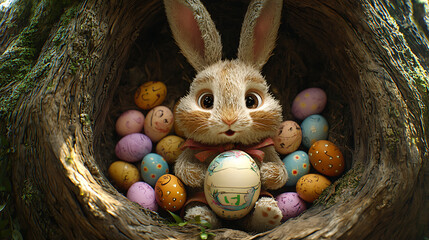 A fluffy bunny sits nestled in a tree surrounded by colorful Easter eggs holding one delicately.