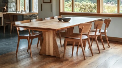 Fototapeta premium Canadian maple wood dining table with clean lines and matching chairs in a cozy natural-lit room