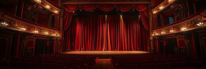 View of an empty, classic theatre stage with closed, heavy red velvet curtains illuminated by a spotlight, flanked by ornate golden balconies and empty seats.
