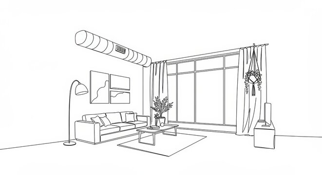 Minimalist line art of a bohemian urban loft emphasizing clean and elegant simplicity