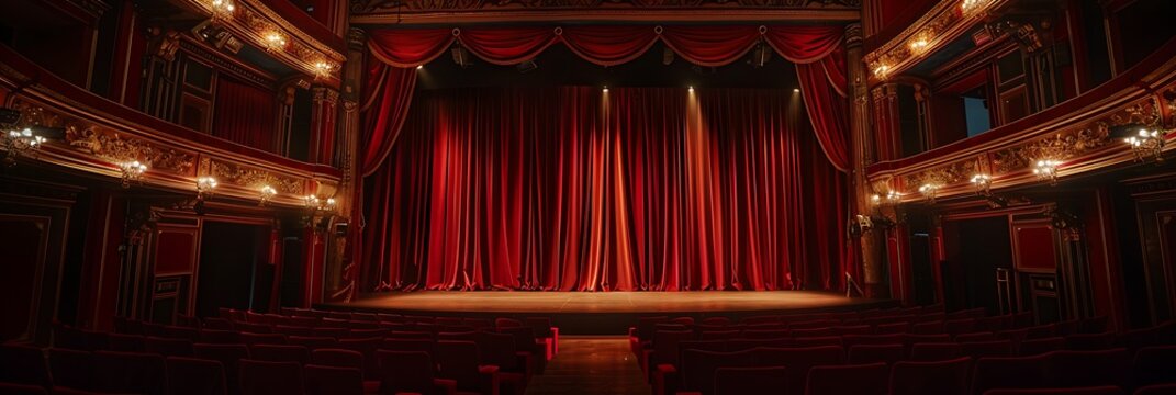 View of an empty, classic theatre stage with closed, heavy red velvet curtains illuminated by a spotlight, flanked by ornate golden balconies and empty seats.
