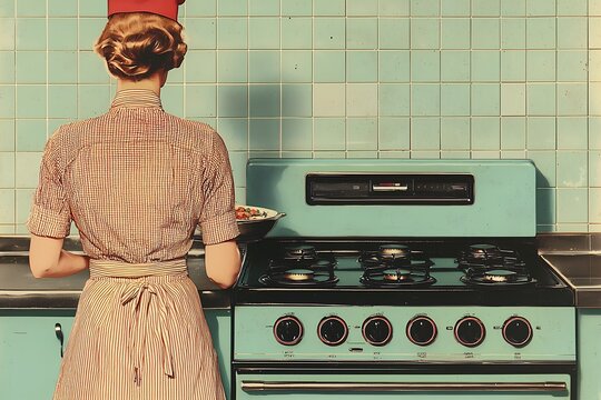 Woman in Retro Dress Cooking on Teal Gas Stove in Vintage Kitchen