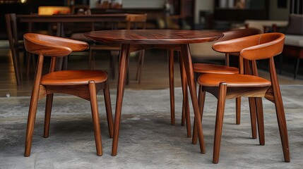 Custom dark stained Canadian dining set with bold legs and leather cushion chairs