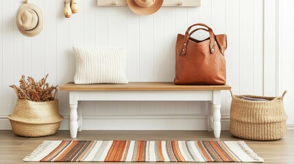 Entryway interior styled with minimal white features and a pop of orange