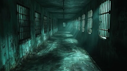 Eerie Corridor with Sunlight Beams Through Bars Haunting Atmosphere for Horror Mystery and S