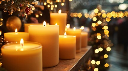 Handmade Christmas candle stall warm glowing lights handcrafted soy wax candles holiday scents cozy festive setting golden warmth