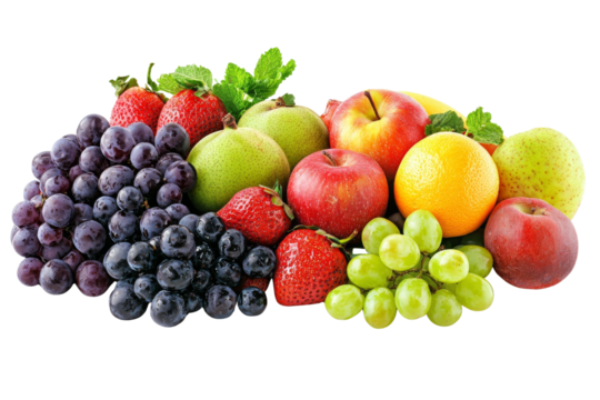 Vibrant display of fresh fruits, apples pears grapes strawberries and an orange a healthy medley