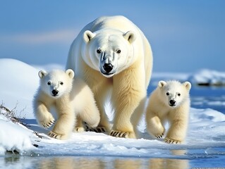 Fototapeta premium Nurturing bond polar bear mother guides cubs on arctic ice journey in wildlife photography