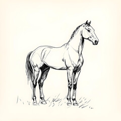 Fototapeta premium A white horse with a long mane and tail, standing in a grassy field, detailed line art, black and white, simple background