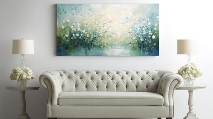 Linen loveseat in muted sage tone under contemporary wall art in a bright space