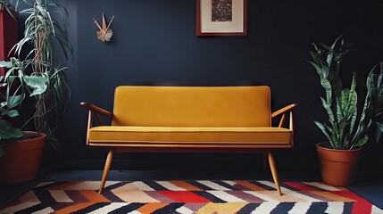 Mid-century style loveseat in mustard fabric with wooden arms and angled legs on a geometric rug