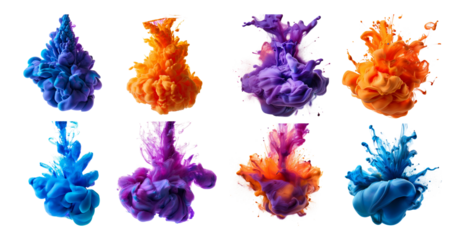 Colorful Ink Swirls and Splashes in Water on Black Background, Bundle Set Collection, Isolated on Transparent Background