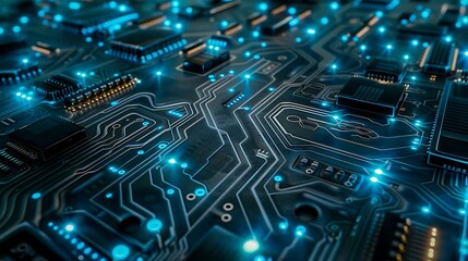Obraz premium Macro close-up of a complex electronic circuit board with glowing blue tracks, components, and data points representing modern technology or computing power. 