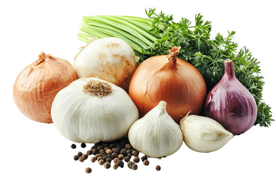 A collection of fresh produce: onions garlic peppercorns celery stalks and parsley on display