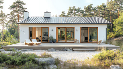 Scandinavian style house with nature, Realistic photo, modern, architecture, Scandinavian, residential, exterior, garden, nature, wood, harmony, calm, mode, refined, simple, minimalist,detached house