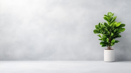 Fiddle Leaf Fig Plant in Pot Minimalist Style High-Resolution Soft Lighting Wide Landscape Shot Neutral Textures Peaceful Atmosphere Neutral Grey Background Serene Mood Ideal for Home Decor Websites