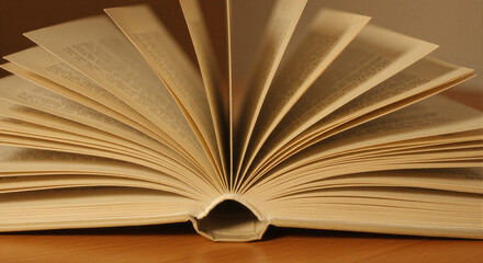 Open book displaying pages on a wooden surface  