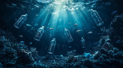 Fototapeta premium Underwater Scene of Plastic Bottles with Fish and Sunlight Rays