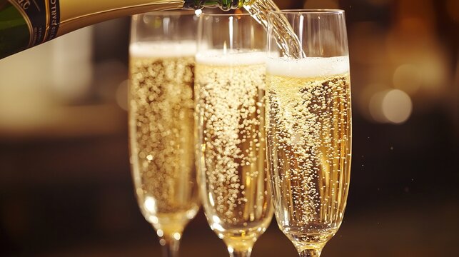 High speed capture of champagne being poured into crystal flute golden bubbles sparkling under soft ambient lighting elegant fine dining atmosphere - Powered by Adobe