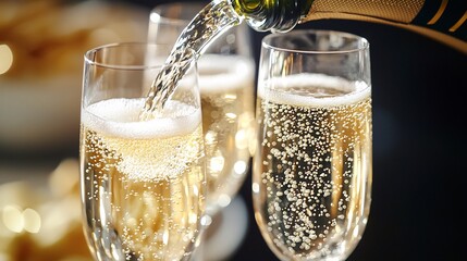 High speed capture of champagne being poured into crystal flute golden bubbles sparkling under soft ambient lighting elegant fine dining atmosphere