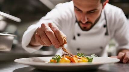 Chef tasting dish in a restaurant kitchen for final seasoning