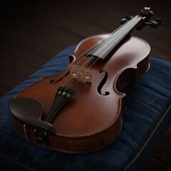 Fototapeta premium Exquisite Antique Violin A Masterpiece of Musical Craftsmanship, Richly Detailed and Beautifully Crafted, Resplendent in Deep Brown Varnish, Resting on a Plush Blue Cushion