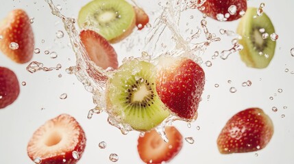 A splash of Bijin-Hime strawberries and kiwi slices flying through the air, droplets of juice and water on a clean white background