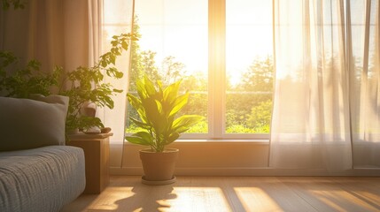 Warm-toned loveseat with minimal decor in front of large windows with sheer curtains