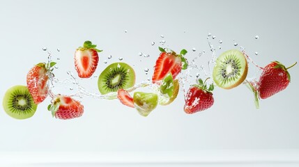 Naklejka premium Assorted Bijin-Hime strawberries and kiwi slices in mid-air, with juice splashes and water droplets flying, against a clean white backdrop