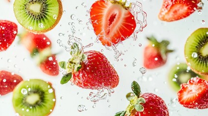 Fresh Bijin-Hime strawberries and kiwi slices suspended mid-air with splashes of juice and water droplets on a clean white background