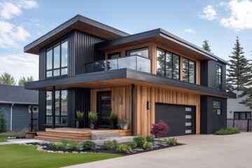Fototapeta premium Modern residence showcasing a blend of wood and dark metal siding with ample glazing and manicured landscaping