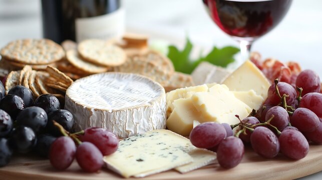 Holiday cheese platter wine A sophisticated charcuterie board featuring assorted cheeses grapes crackers and a glass of red wine