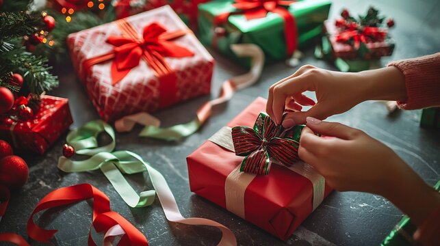 Holiday gift wrapping station a shopping mall ribbons and wrapping paper scattered on the table hands tying the perfect festive bow on a Christmas present - Powered by Adobe