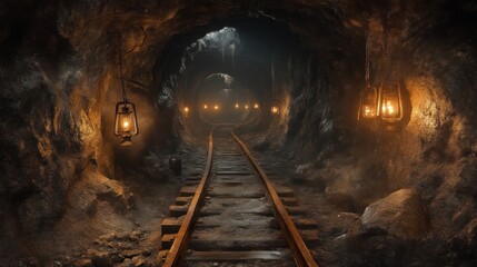 Naklejka premium Dark Mine Tunnel with Railroad Tracks and Hanging Lanterns